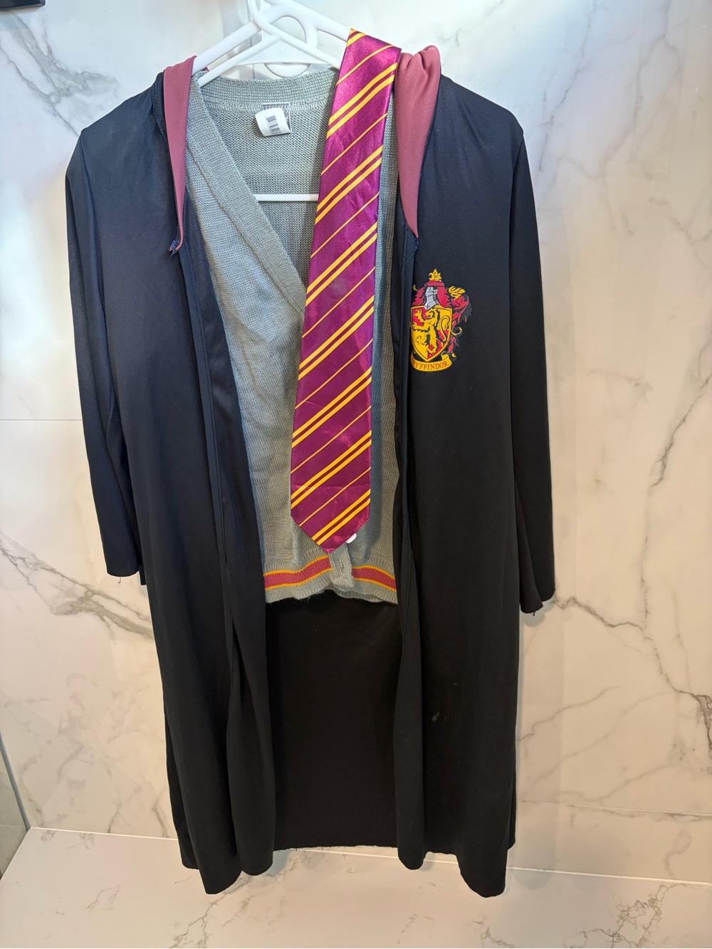 Gryffindor-Inspired Kids Black Hooded Robe with Grey sweater and burgundy tie